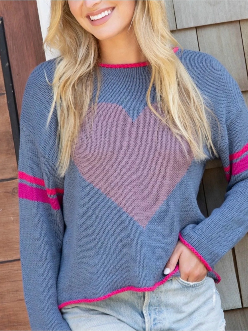 Natural Life Heart Knit Sweater Dusty Blue Pink Lightweight Pullover Size L/X - Picture 3 of 10
